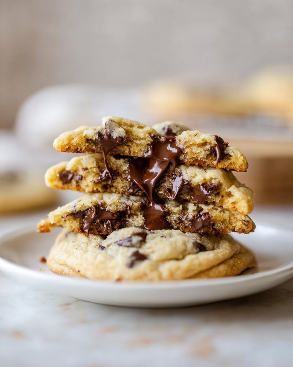 A close-up image shows a stack of three homemade chocolate chip cookies on a white plate, placed on a white marbled surface. The top two cookies are broken in half, revealing gooey, melted dark brown chocolate chips inside soft, golden-brown cookie dough with a slightly crisp edge. The bottom cookie is whole, with some chocolate chips visible on its surface. The background is softly blurred with soft neutral tones, drawing attention to the rich texture and melted chocolate of the cookies. Photo taken with an iphone --ar 4:5 --v 7