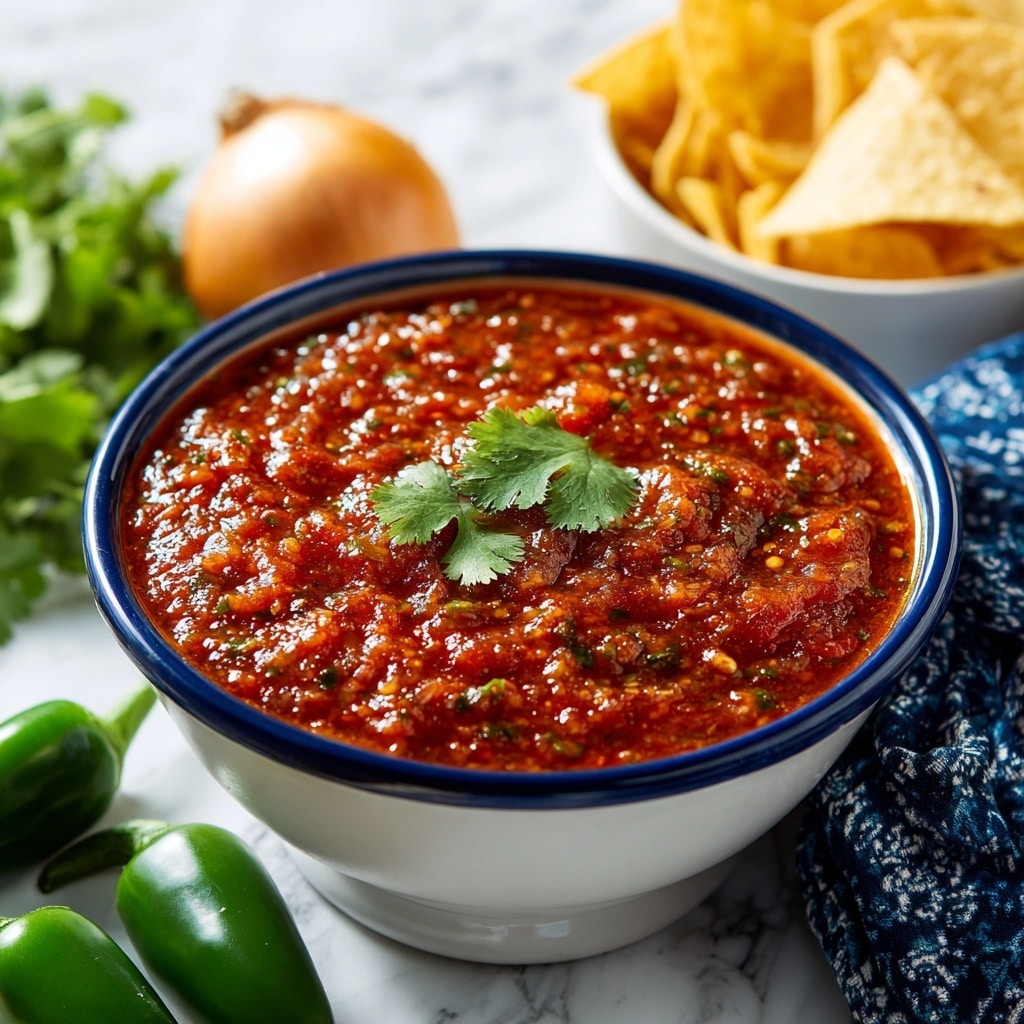 A white bowl with a dark blue rim is filled with a chunky red salsa that has visible pieces of green herbs and seeds mixed throughout its thick texture. The surface of the salsa shows small bubbles and watery spots, giving it a fresh and slightly watery appearance. On top, there are two bright green cilantro leaves placed as garnish. Surrounding the bowl are fresh green jalapeño peppers on the bottom left corner, a whole yellow onion on the bottom right corner, a white bowl filled with light yellow tortilla chips in the top right corner, and a dark blue patterned cloth in the top left corner, all set on a white marbled surface. photo taken with an iphone --ar 4:5 --v 7
