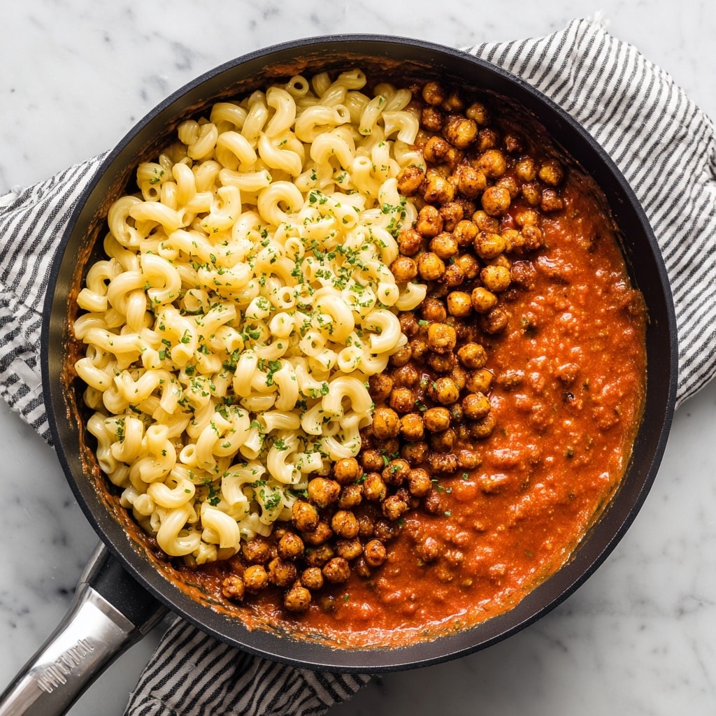 The image shows a white plate and a skillet on a white marbled surface. The skillet contains two main layers: a creamy red tomato sauce with visible chickpeas mixed in, and on top, a layer of curly pasta that is partly covered in sauce and chickpeas. On the white plate, a serving of curly pasta and chickpeas coated in the same red sauce is neatly placed side by side. There is a silver fork resting on a white cloth napkin next to the plate, and a glass of water with a lemon slice is positioned above the plate. The colors are warm and inviting with reddish-orange sauce, pale yellow pasta, and brown chickpeas, garnished with some green herbs. photo taken with an iphone --ar 4:5 --v 7