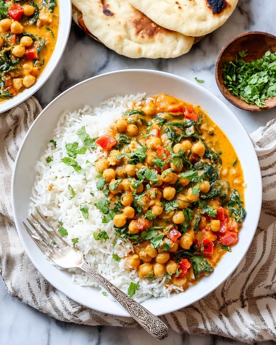 A white shallow bowl holds a layered dish starting with a bed of white rice that looks fluffy and soft. On top of the rice, there is a thick layer of chickpea curry with visible chickpeas, diced red tomatoes, dark green spinach leaves, and a creamy orange sauce mixed throughout. The curry is garnished with small, bright green fresh cilantro leaves scattered over the top. To the side of the bowl, an ornate silver fork rests on a light brown cloth with white lines. In the background, a piece of flatbread with slight charring and a small bowl of chopped herbs sit on a white marbled surface. Photo taken with an iphone --ar 4:5 --v 7