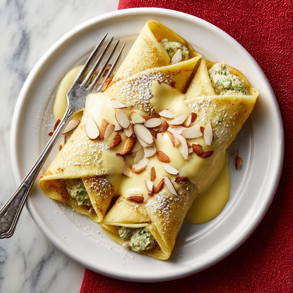Two crepes are placed side by side on a white plate set on a white marbled surface. Each crepe is light golden brown, thin, and softly folded. The crepe on the left is cut open, revealing a creamy white filling mixed with small bright green broccoli pieces. Both crepes are drizzled with a smooth, pale yellow sauce and topped with thinly sliced light brown almond slivers. A shiny silver fork rests near the crepes on the plate. Photo taken with an iphone --ar 4:5 --v 7