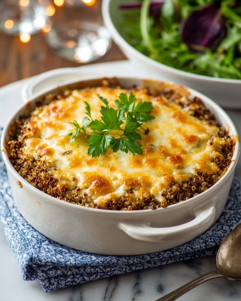 The dish is shown in a round white ceramic casserole dish with two small handles on the sides. The bottom layer consists of cooked quinoa grains, beige with black specks, forming a loose textured base. On top is a thick layer of golden-brown melted cheese that is bubbly with some crispy, browned spots, giving a slightly rough surface. A few fresh green parsley leaves rest in the center as garnish, adding a pop of color. The casserole dish sits on a folded blue and white patterned cloth on a white marbled surface, with a silver spoon next to it. In the blurred background, a white bowl of green salad with some purple leaves is visible. photo taken with an iphone --ar 4:5 --v 7