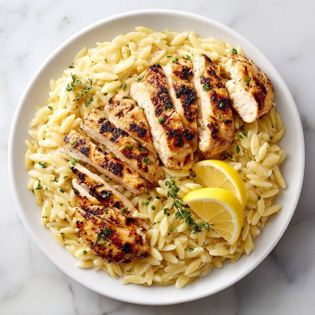 The image shows a white bowl full of orzo pasta, creamy light yellow in color with a smooth texture, filling the base of the bowl. On top, there are three pieces of grilled chicken arranged in the center; two whole and one sliced open showing juicy, white, and tender inner meat with a golden-brown grilled crust. A single bright yellow lemon slice sits on the right edge of the chicken, adding contrast. The dish is garnished with small green herbs sprinkled on the chicken and pasta. The bowl is placed on a surface with a white marbled texture. Photo taken with an iphone --ar 4:5 --v 7