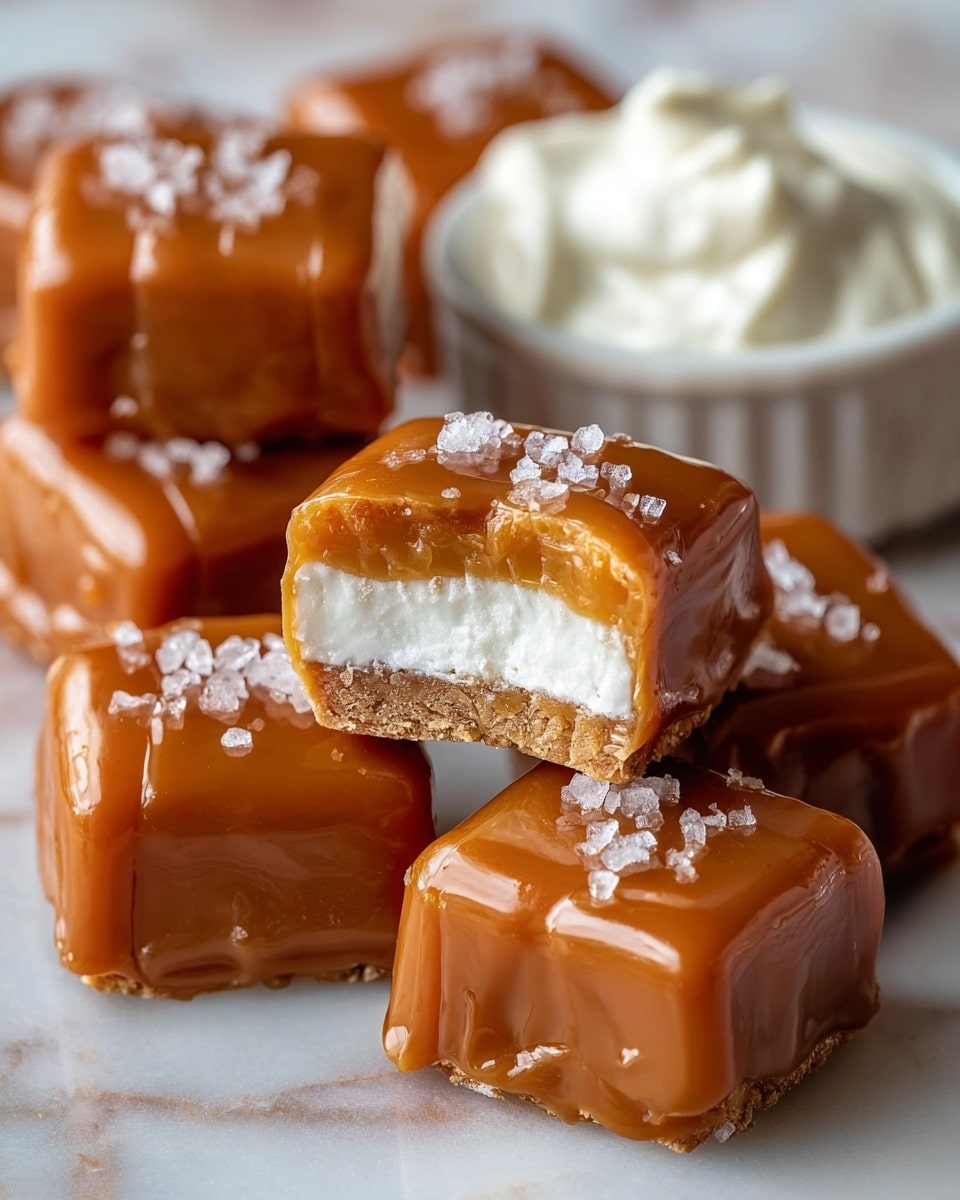 The image shows several square caramel-covered treats placed on a white marbled surface. Each treat has a smooth, glossy caramel coating with drizzles on top and large flakes of sea salt sprinkled over it. One treat is cut in half, revealing three inside layers: the outer caramel shell, a middle layer of creamy white filling, and a crumbly textured base that looks like cookie or biscuit. In the background, there is a small wooden bowl filled with whipped cream slightly blurred. The whole scene is warm and inviting, with the shiny caramel and salt crystals catching the light. photo taken with an iphone --ar 4:5 --v 7