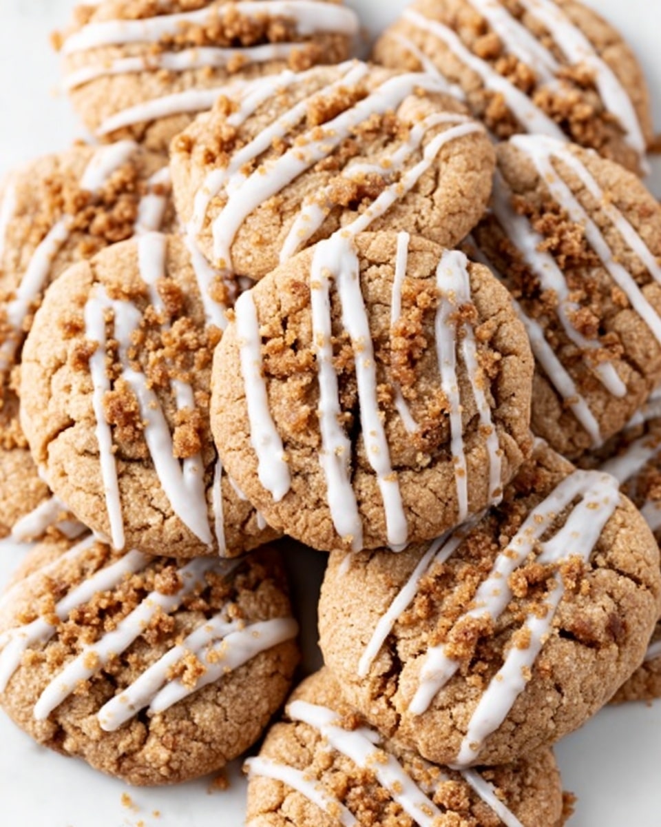 The image shows a pile of light brown cookies with a cracked and slightly rough texture, each cookie topped with a drizzle of white icing that zigzags across the surface. Some of the cookies have visible darker brown crumbly bits scattered on top, adding texture contrast. The cookies are arranged close together on a white marbled surface, with no bowl or plate visible. Photo taken with an iphone --ar 4:5 --v 7
