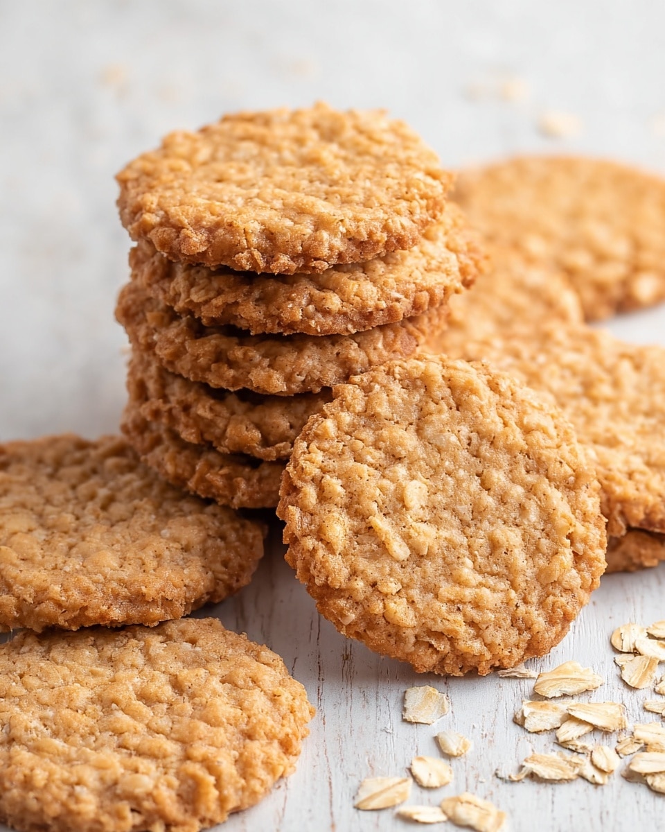 The image shows a close-up of a pile of oat cookies stacked on a white marbled surface. Each cookie is round with a rough texture, showing visible oats and a golden-brown color, indicating they are baked to a perfect crisp. The cookies are layered unevenly, some overlapping others, giving a natural and casual look. Loose oat flakes are scattered around the pile, adding more texture and detail to the scene. photo taken with an iphone --ar 4:5 --v 7