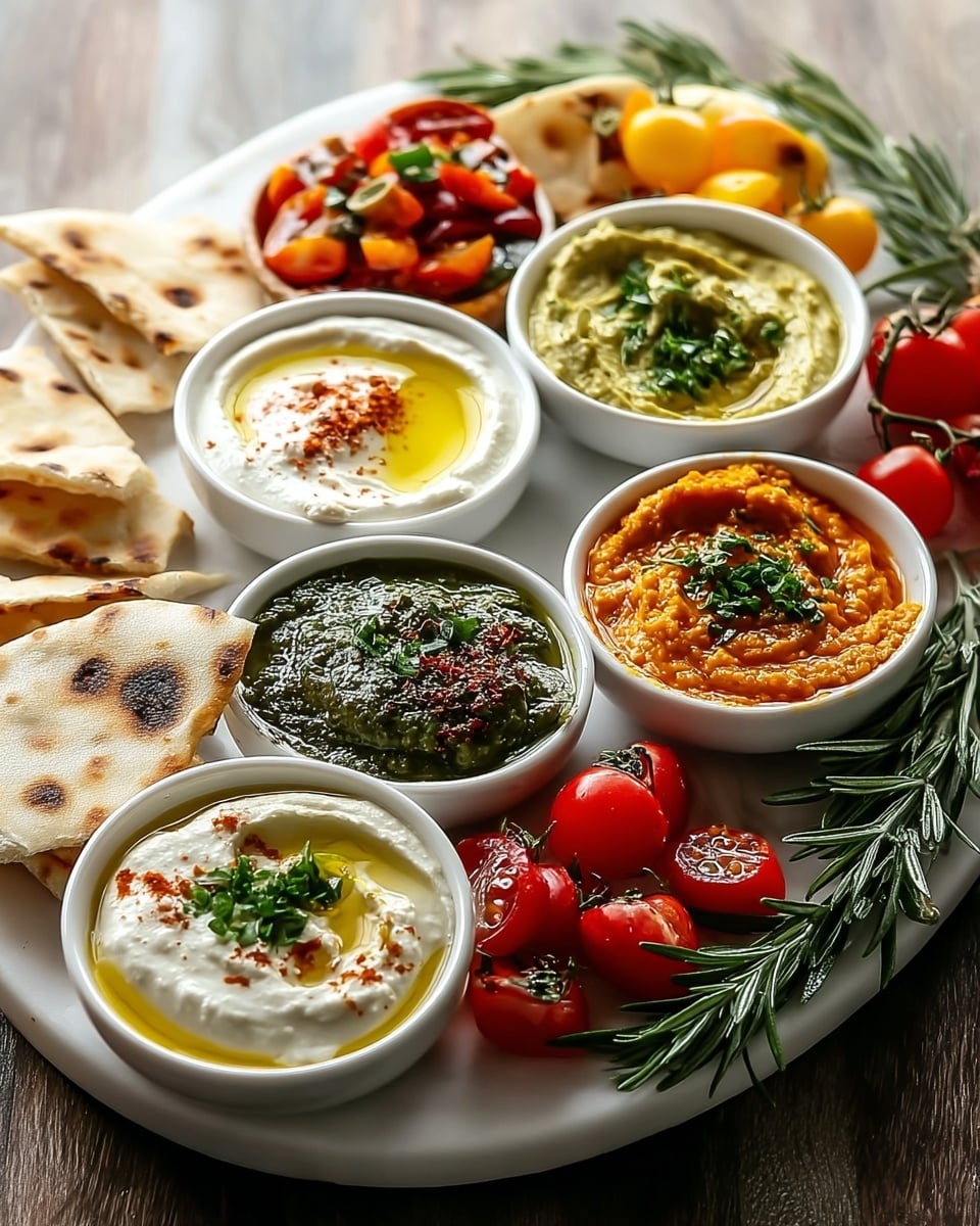 A large wooden board holds a variety of foods placed in white bowls and flatbreads. At the front, there are three small round white bowls with creamy white dips topped with a drizzle of green oil, and one bowl of chunky red sauce. Behind them, there are two white bowls with a light brown spread and two white dishes holding green pastes with a small wooden spoon resting in one. On the left side, there is a pile of soft, golden-brown flatbreads folded and stacked, with some carved cauliflower pieces beside them. On the right side, there are some small orange fruit pieces, cherry tomatoes, and torn flatbread pieces. The background shows some green herbs and spice jars. The board is on a white marbled surface. photo taken with an iphone --ar 4:5 --v 7