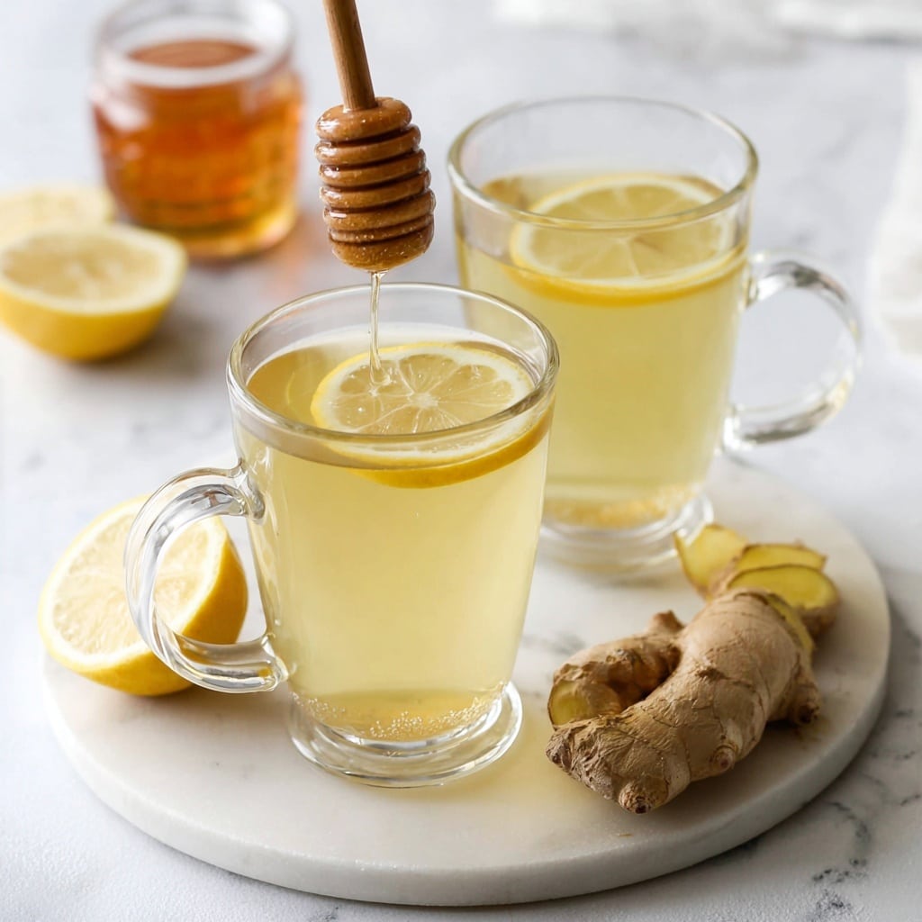 Two clear glass mugs with handles sit on a round white marble board, each filled with light yellow tea that has a lemon slice floating on top. In front of the mugs, on the marble board, there are slices of fresh lemon, a small piece of ginger root, and a couple ginger slices. A wooden honey dipper held by a woman's hand is dripping golden honey into the tea in the front mug. In the blurry background, there is a small clear glass jar with honey. The scene is bright and clean with soft natural light. photo taken with an iphone --ar 4:5 --v 7