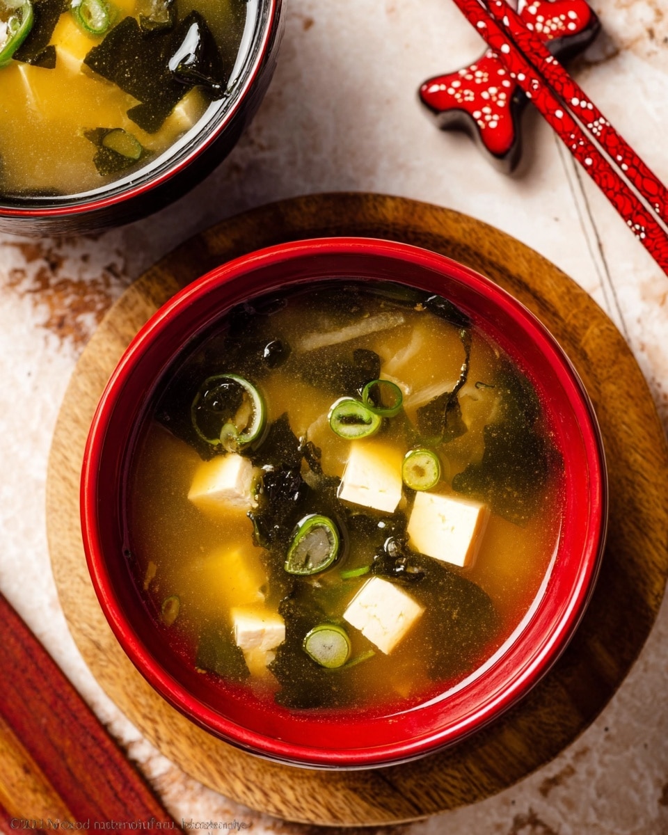 The image shows a bowl with light brown broth that is slightly cloudy, containing soft white tofu cubes scattered evenly through the soup. Floating in the broth are dark green seaweed pieces and thin light green slices of green onion, adding texture and color contrast. The bowl itself is white with a red exterior and black rim, sitting on a light wooden round tray with visible wood grain. On the tray next to the bowl, there is a small bright red flower-shaped ornament and a pair of dark brown chopsticks resting on a white napkin. The background is a white marbled surface. photo taken with an iphone --ar 4:5 --v 7