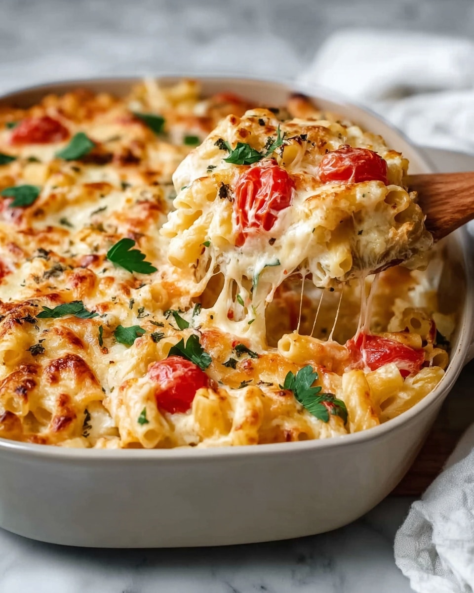A close-up of a creamy baked pasta dish in a light gray oval baking dish, filled with three layers of rigatoni pasta mixed with melted cheese and small cherry tomato pieces. The top layer is golden brown and slightly crispy with melted cheese strings stretching as a wooden spoon lifts a portion from the dish. Fresh green parsley leaves are scattered on top adding contrast. The dish sits on a white marbled textured surface with a white cloth partially visible on the right side. Photo taken with an iphone --ar 4:5 --v 7
