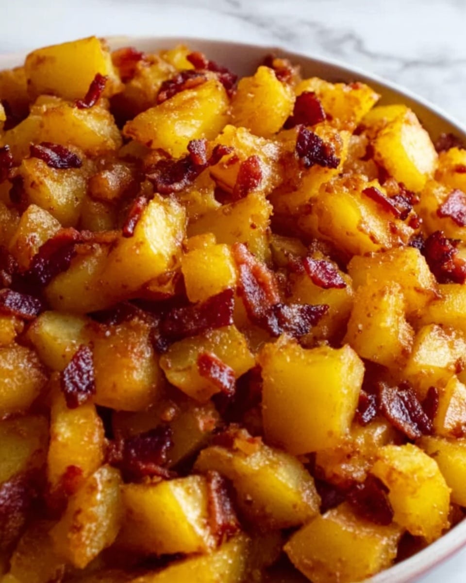 The image shows a close-up of a dish made of diced cooked potatoes and small pieces of cooked bacon or ham. The dish is a mix of golden yellow potatoes with some parts browned and crisp, along with dark red-brown meat pieces scattered throughout. The texture looks slightly oily and soft with some crispy edges, showing a mix of smooth and crunchy bits. The pieces vary in size but are mostly small, creating a layered and chunky look. The whole dish fills the frame, sitting on a white marbled surface. Photo taken with an iphone --ar 4:5 --v 7