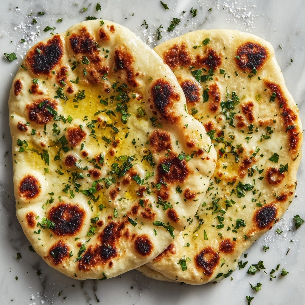 The image shows two pieces of naan bread. Each naan is round and puffy with a soft, light golden dough base, marked with uneven, darker brown spots from grilling. The surface has shiny melted butter glistening in soft peaks and is sprinkled with small green chopped herbs for a fresh look. The naan is placed on a white marbled surface with slight crumbs and more loose herbs scattered around. Photo taken with an iphone --ar 4:5 --v 7