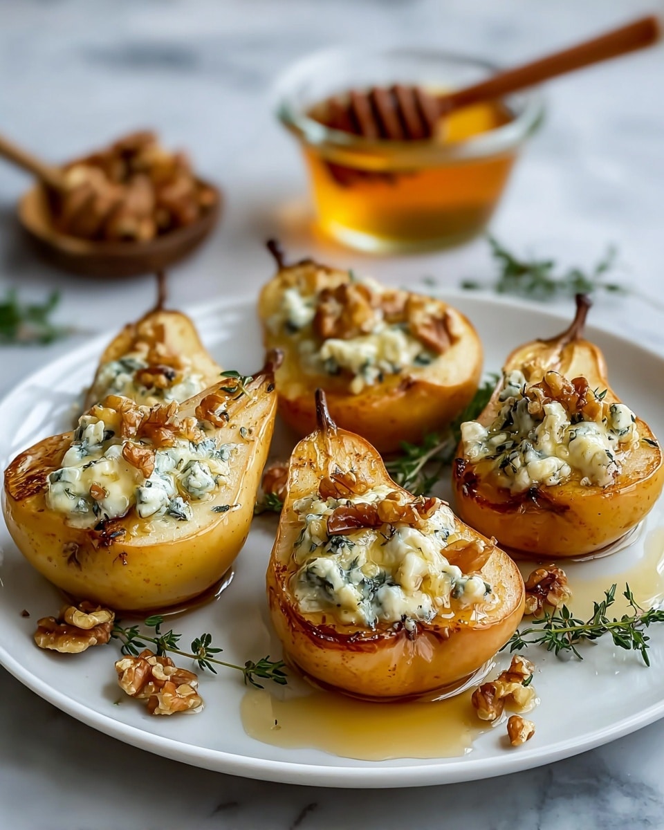 The image shows four golden-brown roasted pear halves arranged on a white oval plate. Each pear half has a soft, creamy white-blue cheese mixture in the center, topped with crunchy brown walnut chunks and small green thyme leaves. Honey drizzle shines over the pears, giving a slight gloss. Around the plate, loose thyme leaves and walnut pieces are scattered. A small clear glass bowl with honey and a honey dipper sits on the white marbled surface next to the plate, and a grey pepper grinder is on the right side. photo taken with an iphone --ar 4:5 --v 7