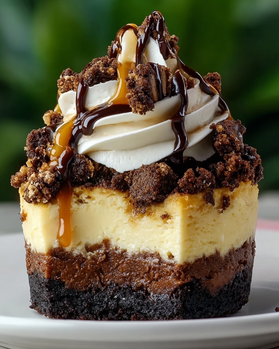 A small dessert with three main layers is shown closely. The bottom layer is dark, crumbly, and looks like chocolate cake. Above it is a creamy, pale yellow cheesecake layer with specks of brown. On top of the cheesecake is a dollop of white cream, covered by thick caramel sauce that drips down. The top is sprinkled with dark brown crumbly pieces, and rich chocolate sauce is poured over everything, running down the sides. The dessert sits on a white marbled surface with a blurred green background. photo taken with an iphone --ar 4:5 --v 7