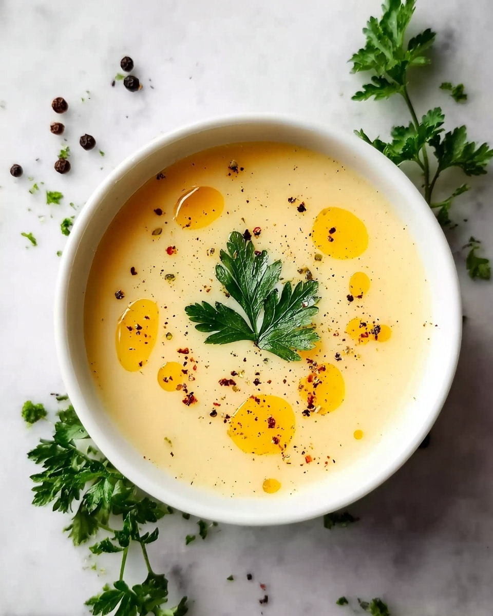 A white bowl filled with smooth, light yellow soup that has a creamy texture. On top of the soup, there are three fresh green parsley leaves in the center, surrounded by small drops of orange oil and scattered crushed black pepper. The bowl is placed on a white marbled surface with some green parsley leaves and black peppercorns around it. Photo taken with an iphone --ar 4:5 --v 7