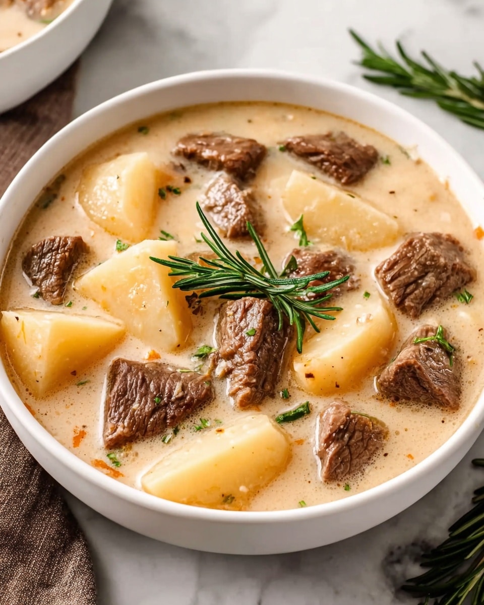 The image shows a white bowl filled with a creamy beige soup, with six visible chunks of tender brown beef and seven pieces of soft, pale yellow potato floating on top. A sprig of fresh green rosemary rests in the center as garnish. The soup looks thick and smooth, with a few small specks of seasoning on its surface. The bowl is placed on a white marbled texture, next to some green rosemary and a brown cloth. Photo taken with an iphone --ar 4:5 --v 7