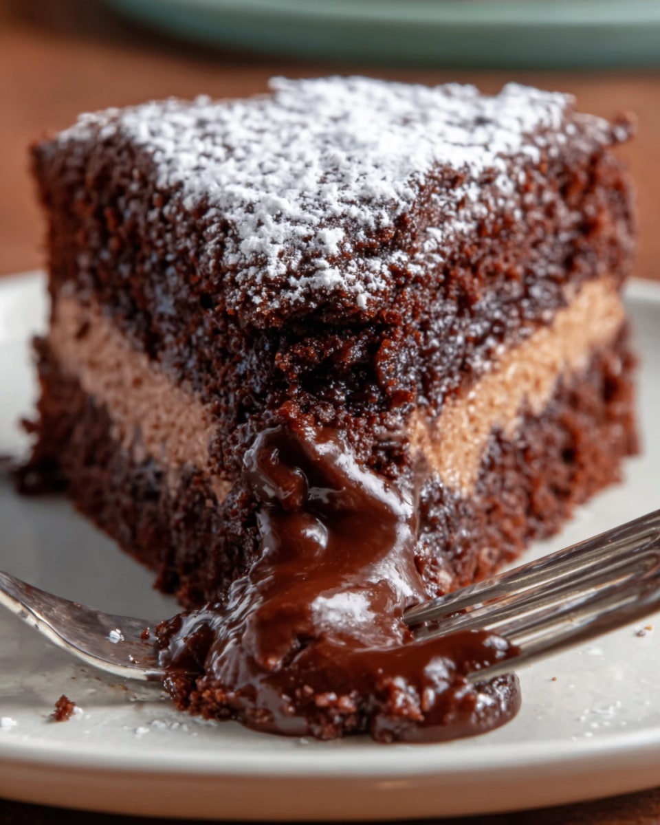 The image shows a close-up of a rich chocolate cake slice on a white plate, set on a white marbled surface. The cake has three layers: a thick, dark chocolate top layer with a slightly cracked texture, a smooth, lighter brown middle layer that looks creamy, and a bottom layer of dense, moist cake. A fork held by a woman's hand is cutting into the cake, causing the melted chocolate filling inside the middle layer to flow out shiny and gooey. The cake surface is lightly dusted with powdered sugar. Photo taken with an iphone --ar 4:5 --v 7