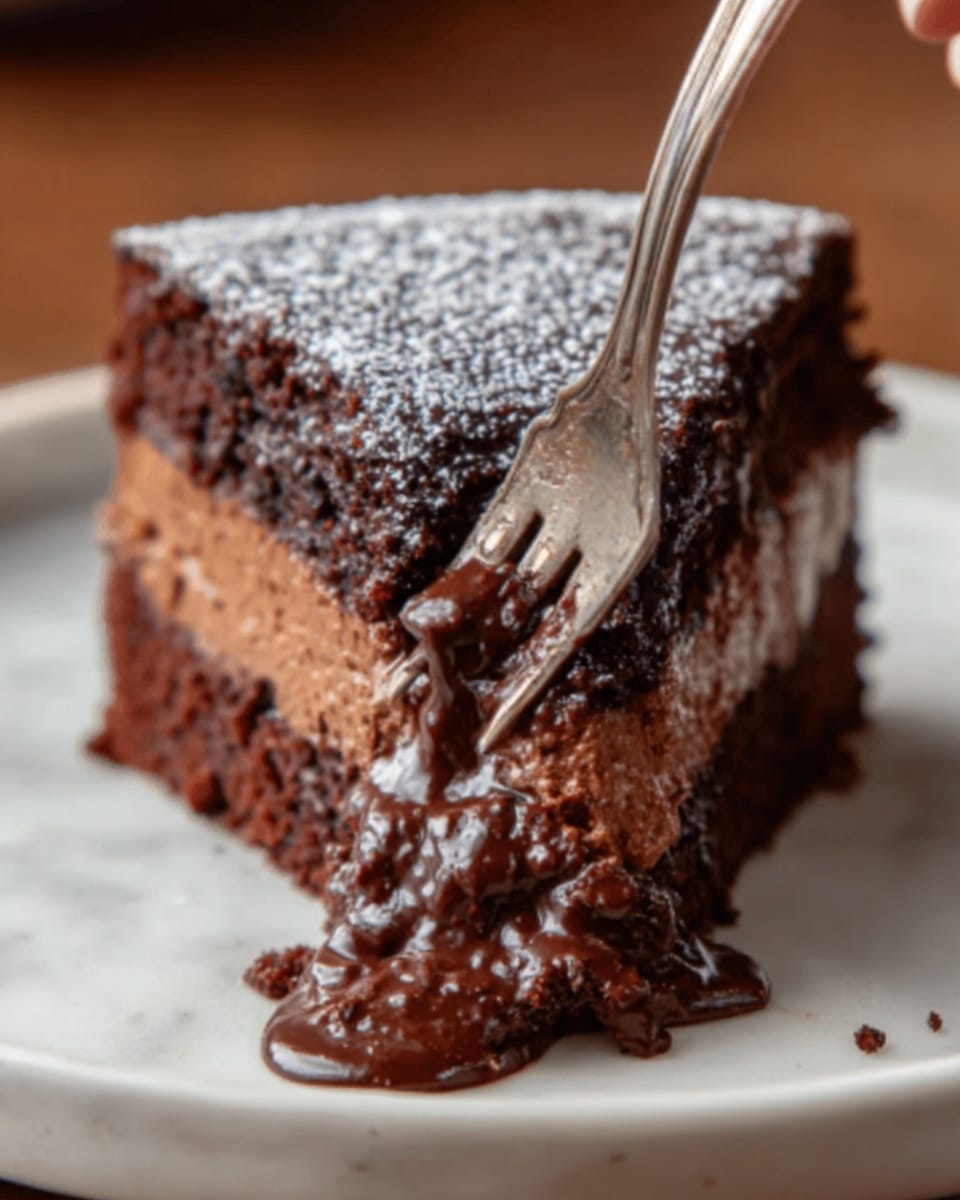 A close-up of a rich chocolate cake slice on a white plate with a smooth white marbled surface background. The cake has three visible layers: a dense, dark brown top layer with a slightly crunchy texture, a middle creamy milk chocolate layer, and a moist bottom cake layer in a lighter brown shade. The top of the cake is lightly dusted with powdered sugar. A metal fork is cutting into the side, revealing a thick, glossy, melted chocolate center that is flowing out slowly. The photo taken with an iphone --ar 4:5 --v 7