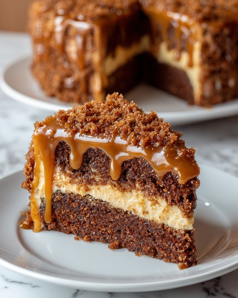 A slice of layered cake on a white plate shows three main layers: a bottom thick layer of moist, dark brown cake with a soft and crumbly texture; a middle layer of smooth, light caramel cream that looks rich and shiny; and a top layer with shiny caramel sauce dripping down the sides and sprinkled with coarse, crumbly brown sugar topping. Behind the plate, the rest of the cake with the same layers is partially visible on a white plate, all placed on a white marbled surface. photo taken with an iphone --ar 4:5 --v 7