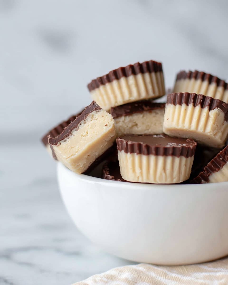 The image shows a white ceramic bowl filled with small, cup-shaped treats that have two layers: the bottom layer is dark brown and smooth, while the larger top layer is light beige with a slightly grainy texture and vertical ridges on the sides. The treats are piled high and appear creamy and textured, with some pieces showing uneven edges on the dark brown layer. The bowl sits on a white marbled surface with a soft, blurred white tiled background. photo taken with an iphone --ar 4:5 --v 7
