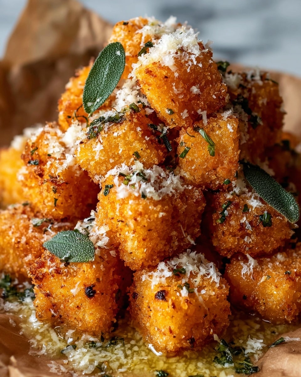 A close-up of a stack of golden brown, crispy fried cubes coated with breadcrumbs and herbs. Each cube shows a crunchy texture with scattered dark green leafy bits and a sprinkling of white grated cheese on top. The cubes are placed on crumpled parchment paper, with a small pool of melted butter and herbs around the base. Two fresh sage leaves lay on the side of the stack, adding a fresh green contrast. The background is a white marbled texture. photo taken with an iphone --ar 4:5 --v 7