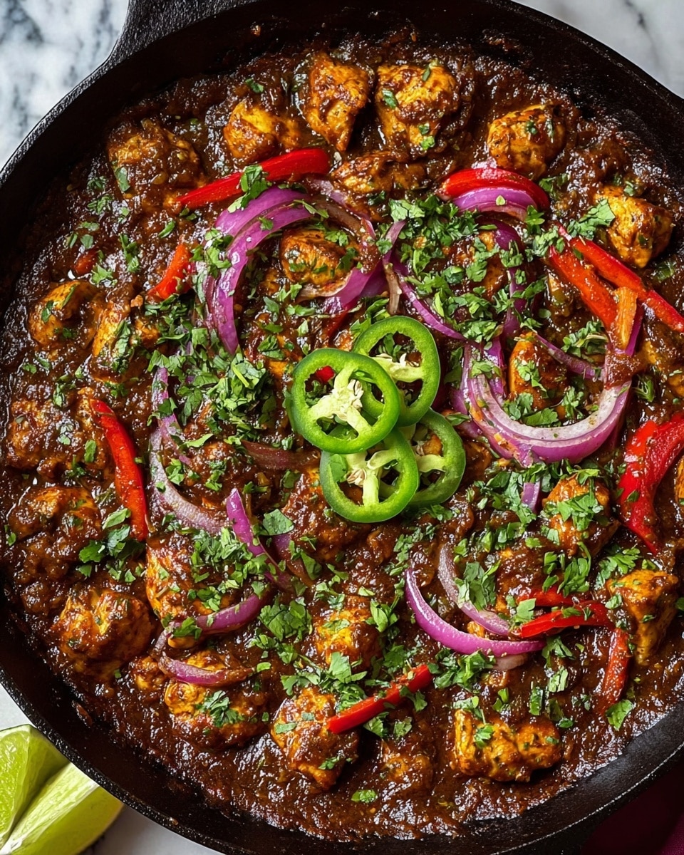 A thick cast iron pan filled with a rich, dark brown sauce base, speckled with finely chopped green herbs. Large chunks of golden-brown chicken are scattered throughout, each piece coated in the sauce and lightly charred for texture. On top, slices of cooked red onion add a soft purple contrast, while bright green jalapeño rounds with visible seeds sit as accents. The dish is garnished with fresh chopped cilantro leaves, adding bursts of green color. The pan sits on a white marbled surface with a small lime wedge partially visible in the corner. Photo taken with an iphone --ar 4:5 --v 7