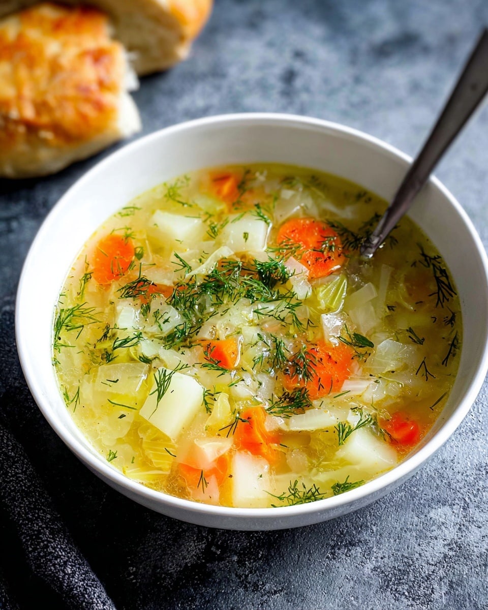 A white bowl filled with clear vegetable soup showing three main layers: the bottom layer is light yellow clear broth, the middle layer contains soft white potatoes and translucent cabbage pieces, and the top layer has bright orange carrot chunks and fresh green dill sprinkled evenly to add color and texture. A silver spoon rests inside the bowl on the right side. The bowl is set on a dark textured surface with a piece of golden brown bread on the upper left side. photo taken with an iphone --ar 4:5 --v 7