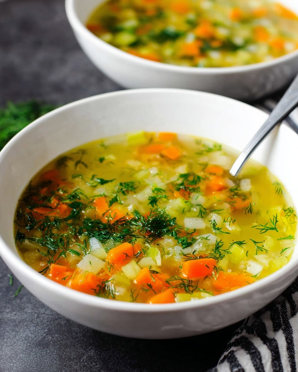 A white bowl filled with clear vegetable soup showing layers of small orange carrot cubes, pale green celery pieces, and light yellow translucent broth, all topped with bright green chopped dill herbs scattered on the surface. A silver spoon rests inside the bowl on the right, and a second bowl of the same soup is blurred in the background. The bowl is set on a dark surface with a black and white striped cloth partially visible on the bottom right. Photo taken with an iphone --ar 4:5 --v 7