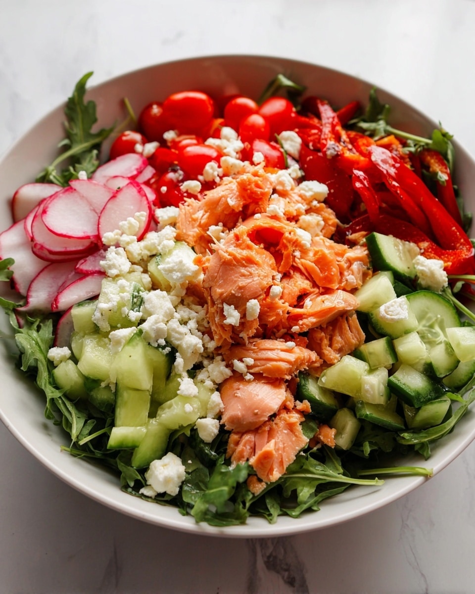 A white bowl filled with a colorful salad layered with fresh ingredients, starting at the bottom with dark green arugula leaves scattered around the edges. On top of the greens, there are bright red cherry tomatoes cut in halves and slices of vibrant green cucumber. Thinly sliced radishes with pink edges are placed on one side. The middle layer contains flakes of cooked salmon in a light orange color, spread over the vegetables. Crumbled white cheese is sprinkled generously over the salmon, adding a soft texture. On one side, there are strips of roasted red peppers, adding a bold red color contrast. The whole dish is presented on a white marbled surface. photo taken with an iphone --ar 4:5 --v 7