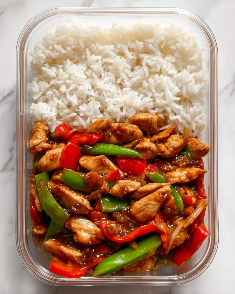 The image shows a clear square glass container holding a meal divided into two parts. The top half of the dish is filled with fluffy white rice, neatly packed and covering half of the container. The bottom half features a colorful stir-fry with bite-sized pieces of chicken coated in a shiny brown sauce, mixed with chopped green bell peppers, red bell peppers, and snap peas, all sitting closely together with a glossy texture. The container is placed on a white marbled surface. Photo taken with an iphone --ar 4:5 --v 7