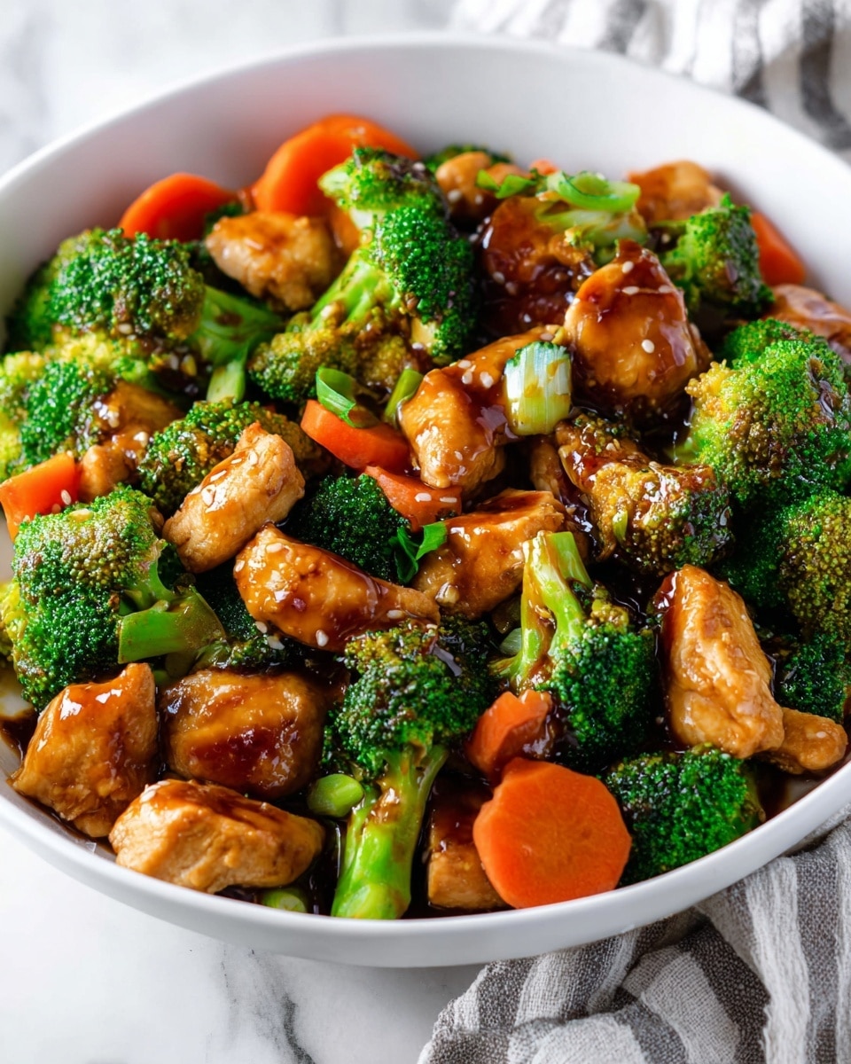 This image shows a close-up of a white bowl filled with a colorful stir-fry dish. The bottom layer is bright green broccoli florets with a textured, bumpy surface. Scattered among the broccoli are smooth, glossy chunks of chicken coated in a shiny brown sauce. Thin, round slices of orange carrots add a pop of color between the green broccoli and brown chicken pieces. The sauce glistens over the chicken and vegetables, making the dish look moist and tasty. The bowl rests on a white marbled surface with a soft, striped cloth nearby. photo taken with an iphone --ar 4:5 --v 7