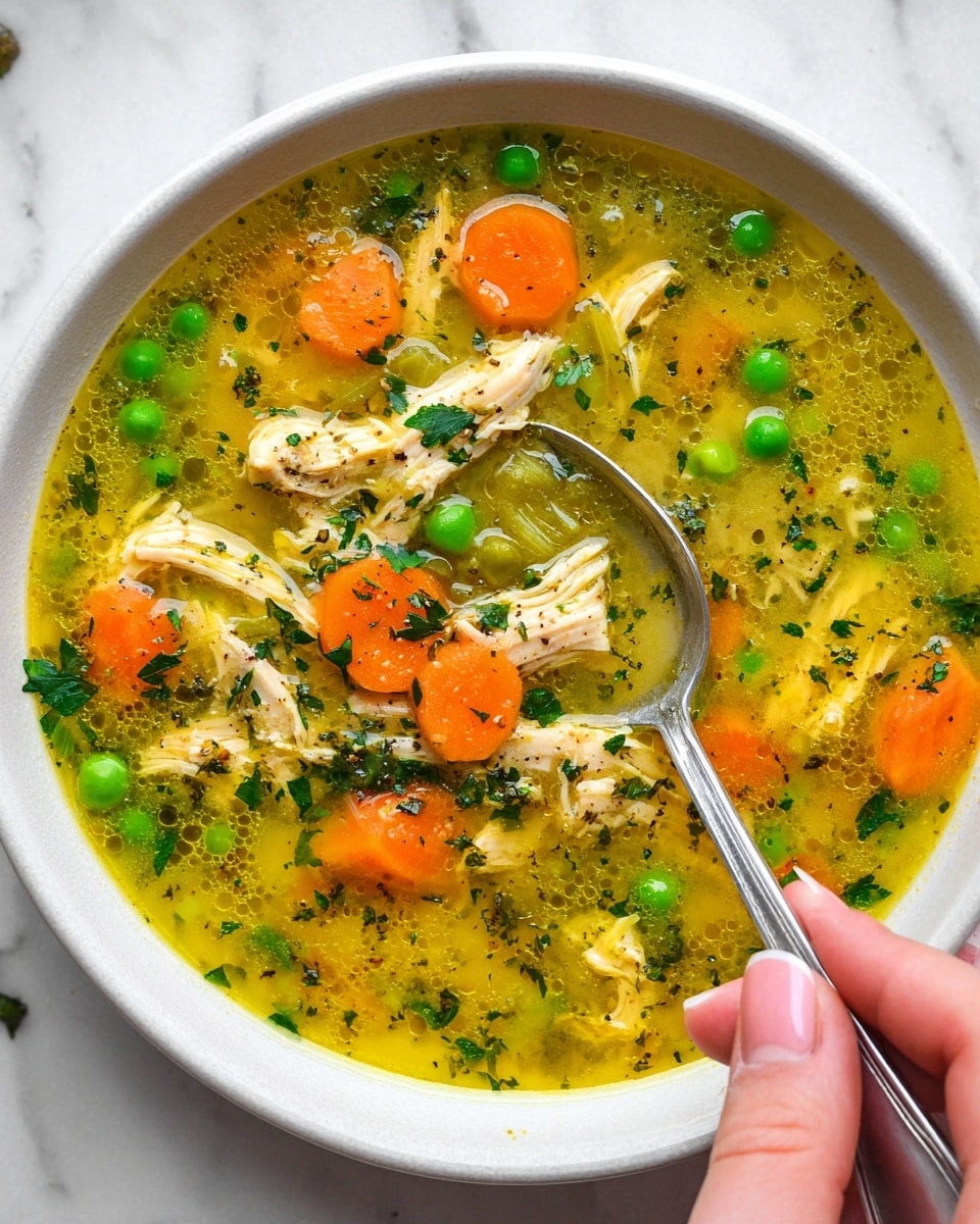 A close-up view of a white bowl filled with vibrant chicken soup showing several layers, starting with a clear yellow broth with small oil droplets and herbs floating on the surface, followed by bright orange carrot slices, fresh green peas, and light green celery pieces scattered evenly throughout. Tender shredded chicken pieces in pale beige are spread across the soup, mixed with finely chopped green herbs and black pepper specks adding texture. A woman's hand is holding a silver spoon inside the bowl, partially submerged in the soup. The bowl is placed on a white marbled surface. photo taken with an iphone --ar 4:5 --v 7