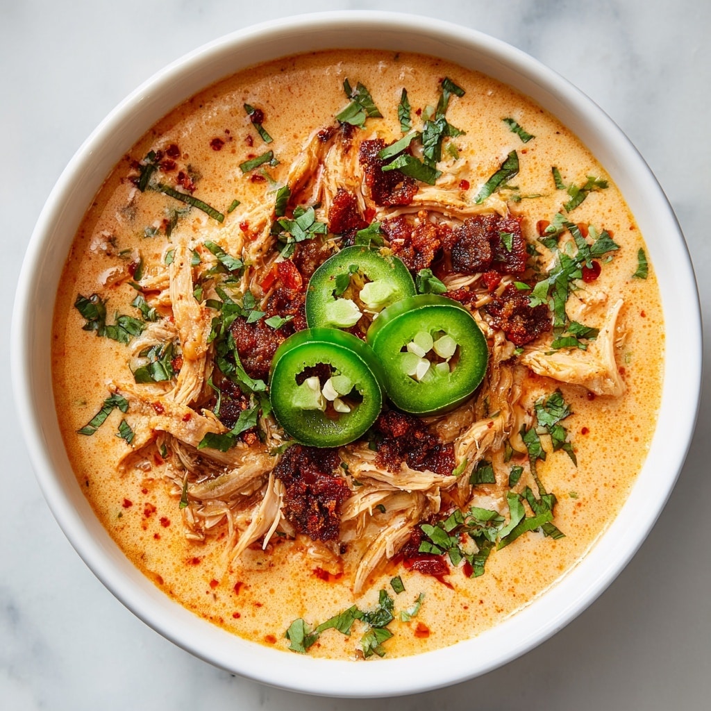 A white bowl is filled with a creamy light orange soup layered with shredded browned chicken pieces on top. Bright green sliced jalapeños sit in the center, surrounded by small bits of red seasoning and chopped fresh green herbs scattered across the dish. The soup surface has a smooth texture with slight oil spots, and the bowl rests on a white marbled surface next to light tan chips in the background. Photo taken with an iphone --ar 4:5 --v 7