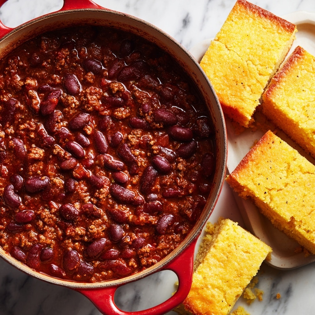 A white bowl filled with thick, rich chili, showing a deep red-brown color with visible chunks of ground meat and kidney beans throughout. On top is a small pile of shredded yellow cheddar cheese adding a soft texture and bright contrast. Scattered green chopped herbs add a fresh touch on the cheese. A silver spoon is resting inside the bowl, partly immersed in the chili. In the background, a portion of an orange pot filled with more chili is visible, all placed on a white marbled surface. photo taken with an iphone --ar 4:5 --v 7