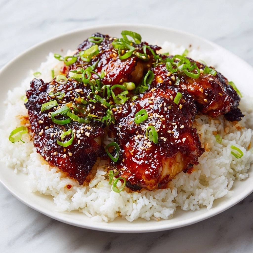 A white plate holds a bed of fluffy white rice as the bottom layer, topped with three pieces of glazed chicken thighs. The chicken has a shiny, dark reddish-brown glaze with a sticky texture, showing caramelized edges. The top layer is garnished with scattered light green chopped scallions and small beige sesame seeds, adding contrast and detail. The background is a white marbled surface. photo taken with an iphone --ar 4:5 --v 7