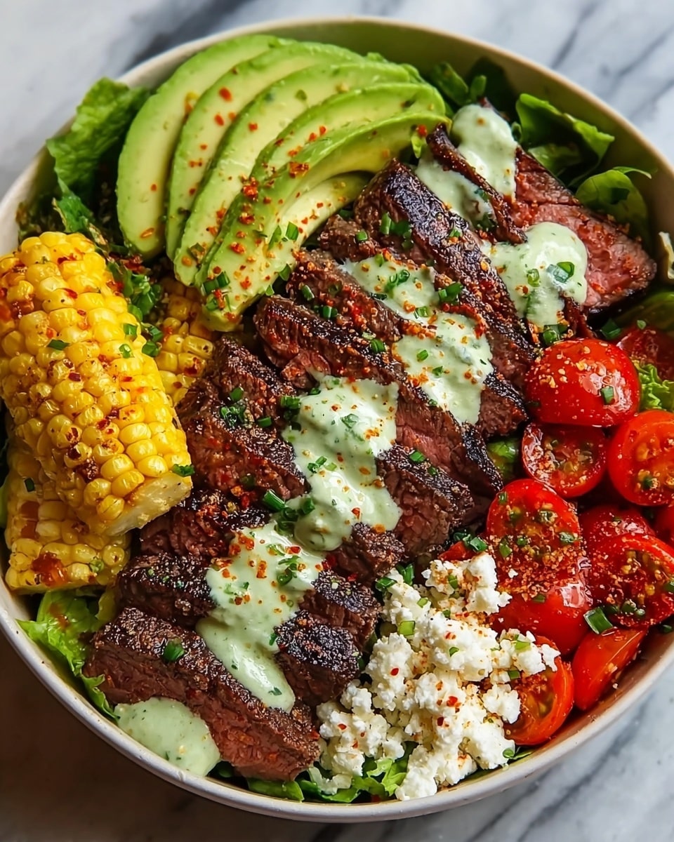 A white bowl holds a colorful mix with four main layers: at the bottom, a bed of dark green leafy lettuce is visible. On one side, there are three grilled yellow corn pieces with light brown char marks. Next to the corn, five thick slices of medium-rare grilled steak with a dark brown crust are neatly arranged, topped with a creamy white and green herb sauce and small green herb pieces. On the top right, bright green avocado slices fan out, sprinkled with red seasoning. To the right, halved bright red cherry tomatoes are grouped with a sprinkle of light brown seasoning, and next to them, is a portion of crumbly white cheese. The entire bowl is placed on a white marbled surface. photo taken with an iphone --ar 4:5 --v 7