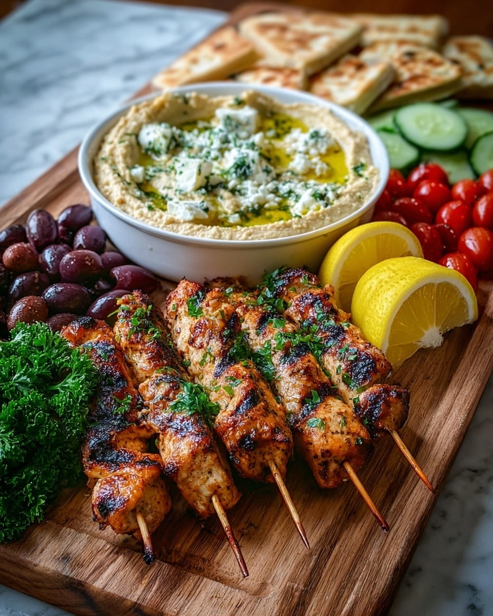 A wooden board holds four grilled chicken skewers with char marks and sprinkled chopped green herbs on top, placed at the front. To the right of the skewers are three bright yellow lemon wedges and a bunch of fresh green parsley. Behind the skewers is a white bowl filled with creamy beige hummus topped with white crumbled cheese and green herbs drizzled with olive oil. Surrounding the bowl are sliced light green cucumbers to the right and square pieces of flatbread, golden-brown on top, behind it. On the left side of the bowl, there are glossy dark purple olives with green herbs and bright red cherry tomatoes. The whole arrangement sits on a wooden table with a white marbled texture background. Photo taken with an iphone --ar 4:5 --v 7