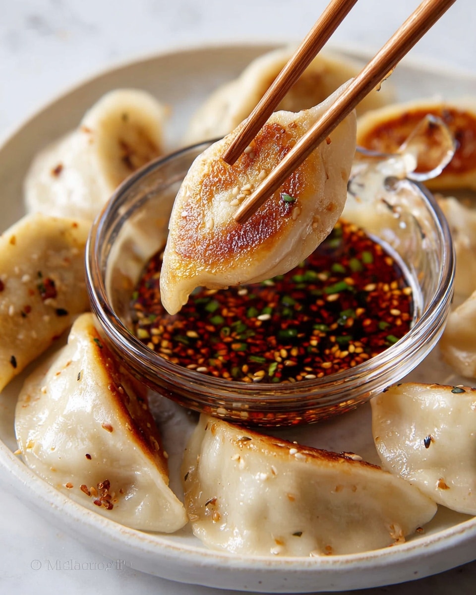 A white plate sits on a white marbled surface, filled with about ten pan-fried dumplings that have a light golden-brown bottom and a soft off-white top with slight folds and wrinkles. In the middle of the plate, there is a clear glass bowl filled with a dark reddish-brown chili oil sauce that has visible sesame seeds and small green onion pieces floating on top. One dumpling, held by a pair of light brown wooden chopsticks, is dipped halfway into the chili sauce, with the sauce coating its edge and some sesame seeds sticking to it. Photo taken with an iphone --ar 4:5 --v 7
