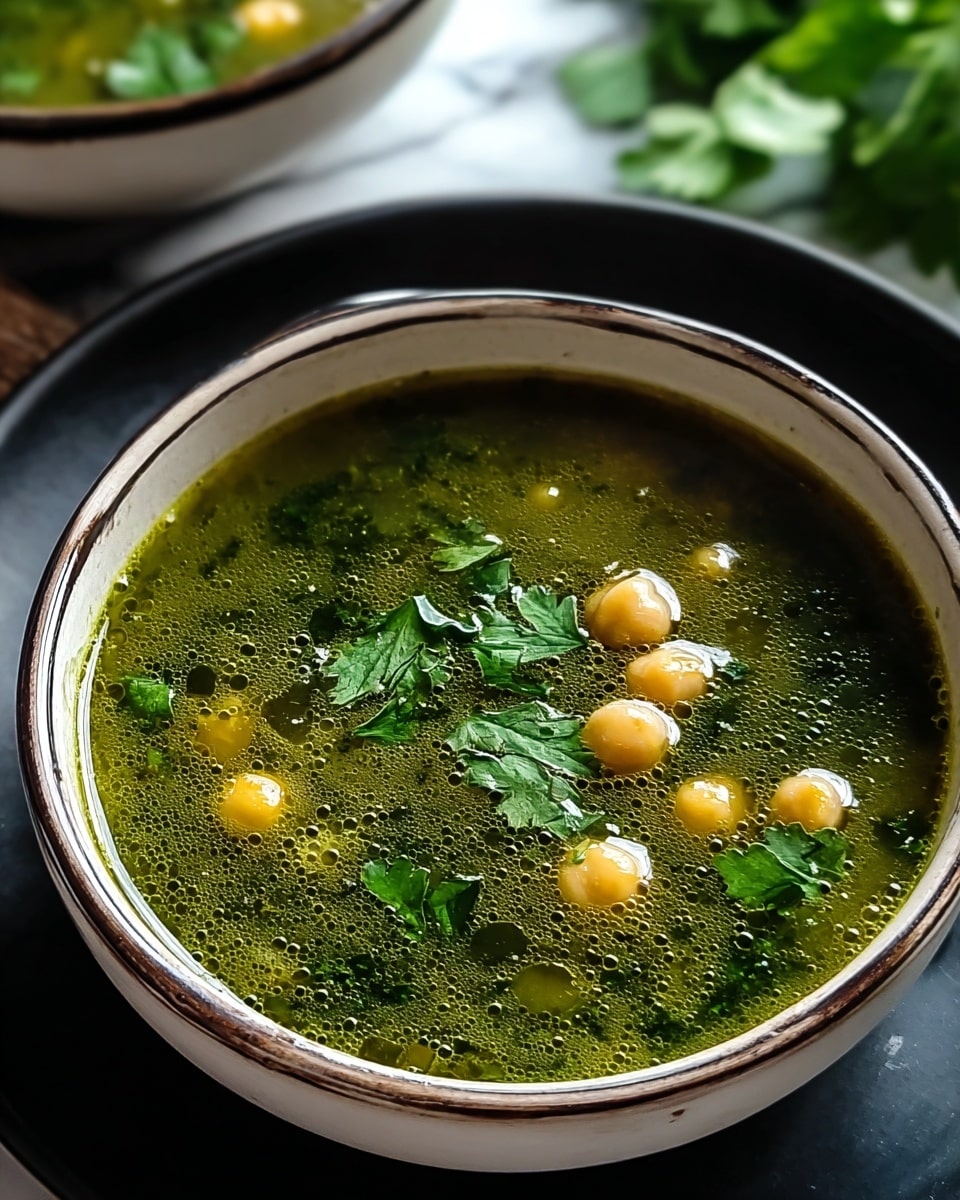 A close-up view of a bowl of green soup with chickpeas and fresh cilantro leaves floating on the surface. The soup has a slightly thick texture with small bubbles on top and is served in a white bowl with a dark rim, placed on a black plate. In the background, there is another similar bowl partly visible on a white marbled surface with some blurred cilantro leaves. Photo taken with an iphone --ar 4:5 --v 7