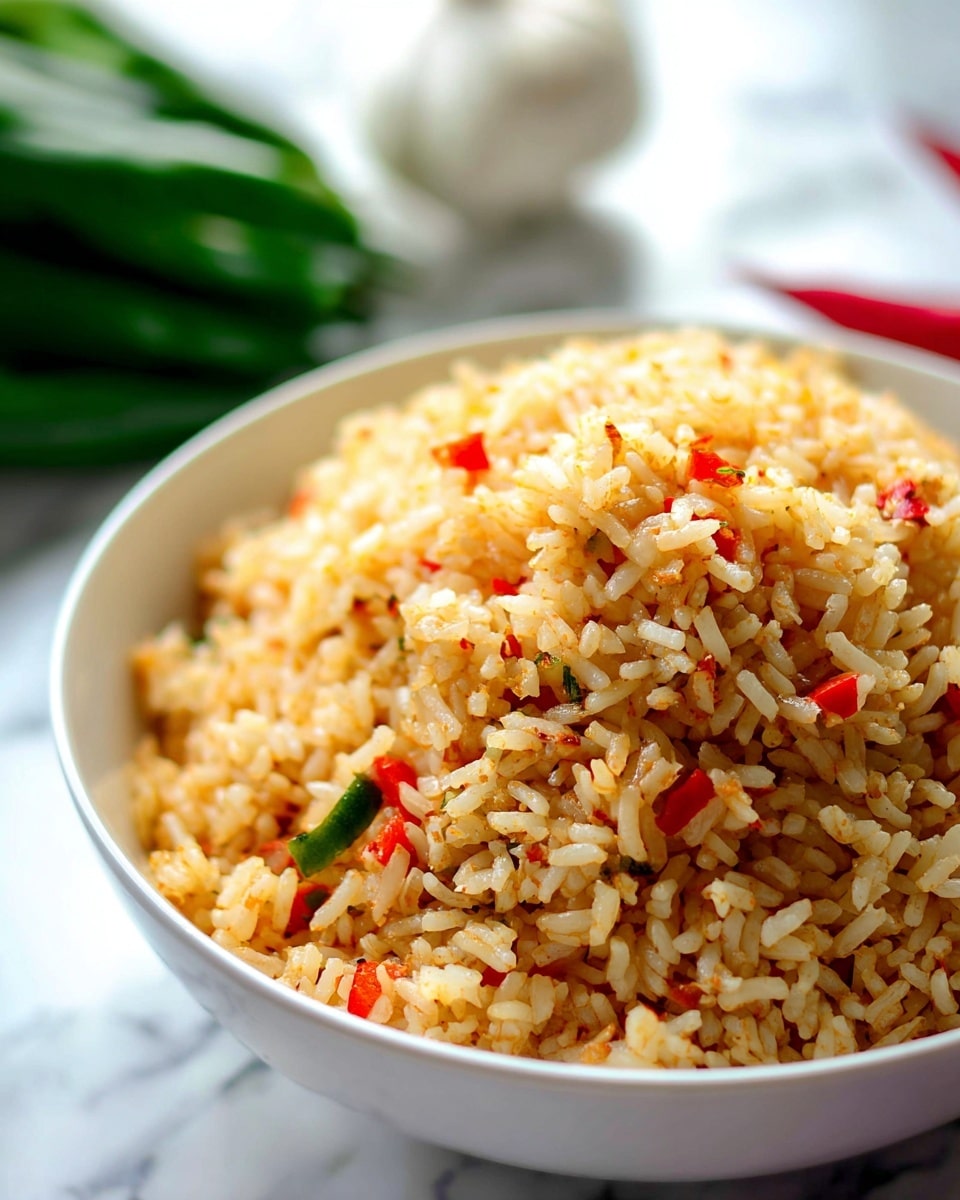 A close-up view of a white bowl filled with cooked rice mixed with small pieces of red and green bell peppers and light brown seasonings, creating a colorful and textured look with well-separated grains. The rice is piled high, showing a fluffy texture with a slight shine from the spices and oil. In the background, there is a soft focus of green leafy vegetables and other white objects, all on a white marbled surface. photo taken with an iphone --ar 4:5 --v 7