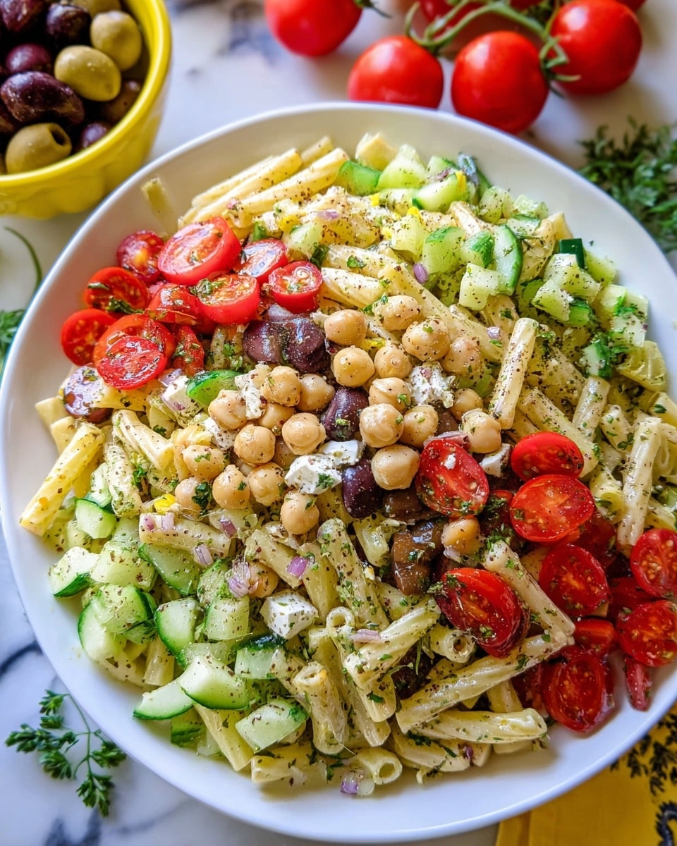 A large white plate filled with a colorful pasta salad resting on a white marbled surface, showing three main layers: the bottom layer is short, pale yellow pasta sticks mixed evenly throughout; the middle layer consists of green chopped celery and light brown chickpeas scattered all over; the top layer is made up of halved bright red cherry tomatoes, dark brown olives, and small white feta cheese chunks sprinkled with dark green herbs and black pepper. Photo taken with an iphone --ar 4:5 --v 7