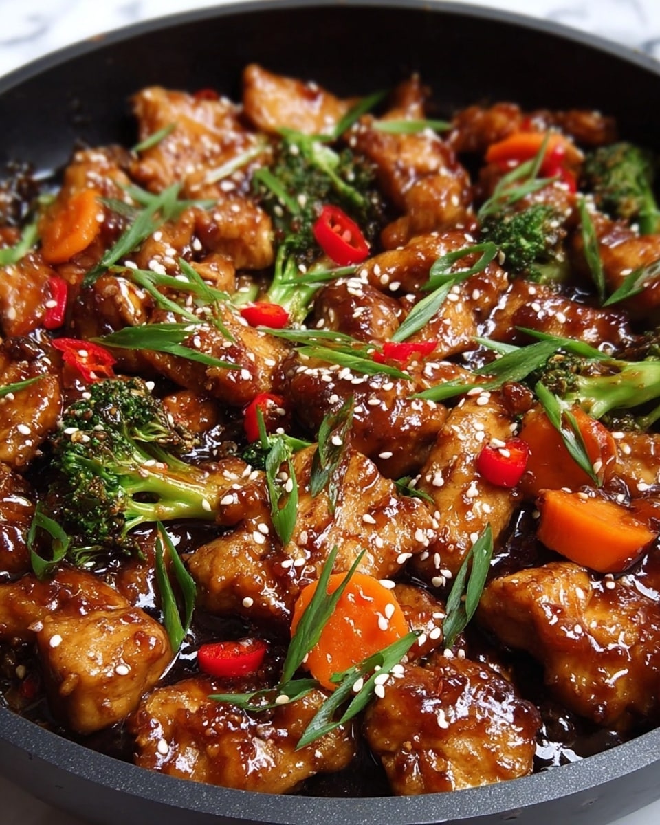The image shows a close-up view of a stir-fry dish in a black pan, featuring several layers of cooked chicken pieces coated in a shiny, dark brown sauce. Scattered throughout are bright orange carrot slices, small green broccoli florets, and thin slices of red chili peppers. The dish is garnished with white sesame seeds and chopped green onions, adding texture and color contrast. The chicken looks tender and glazed, surrounded by a glossy sauce that pools slightly at the bottom, giving the dish a rich and appetizing look. The background has been replaced with a white marbled texture. photo taken with an iphone --ar 4:5 --v 7