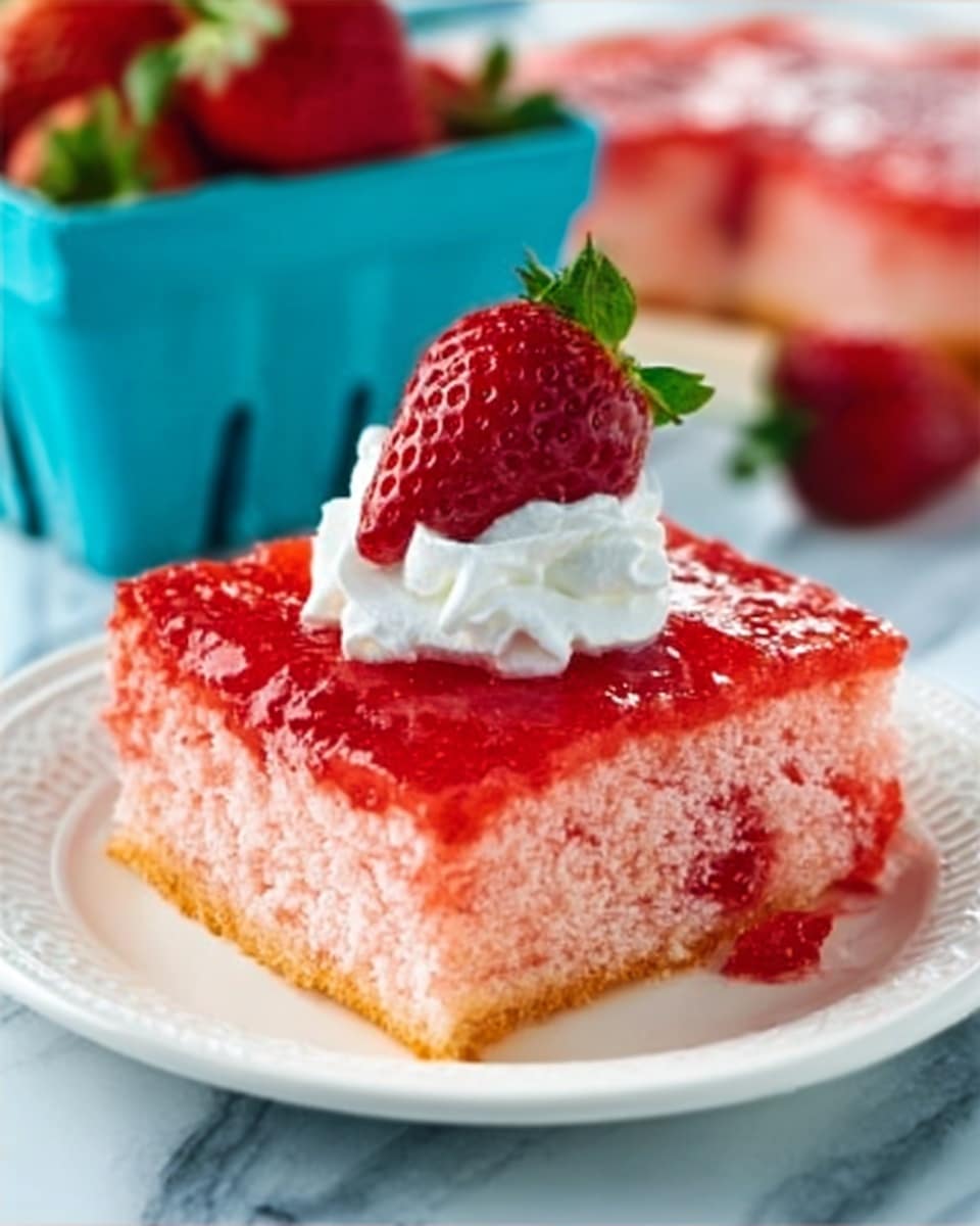 A single square piece of pink strawberry cake sits on a white plate. The cake has three clear layers: a golden brown crust at the bottom, a light pink sponge cake in the middle dotted with tiny red bits, and a shiny, slightly darker red strawberry glaze on top. On top of the cake, there is a dollop of white whipped cream with a small red strawberry with green leaves placed by the side. The plate is on a white marbled surface, and there is a turquoise container filled with fresh red strawberries blurred in the background. The photo taken with an iphone --ar 4:5 --v 7
