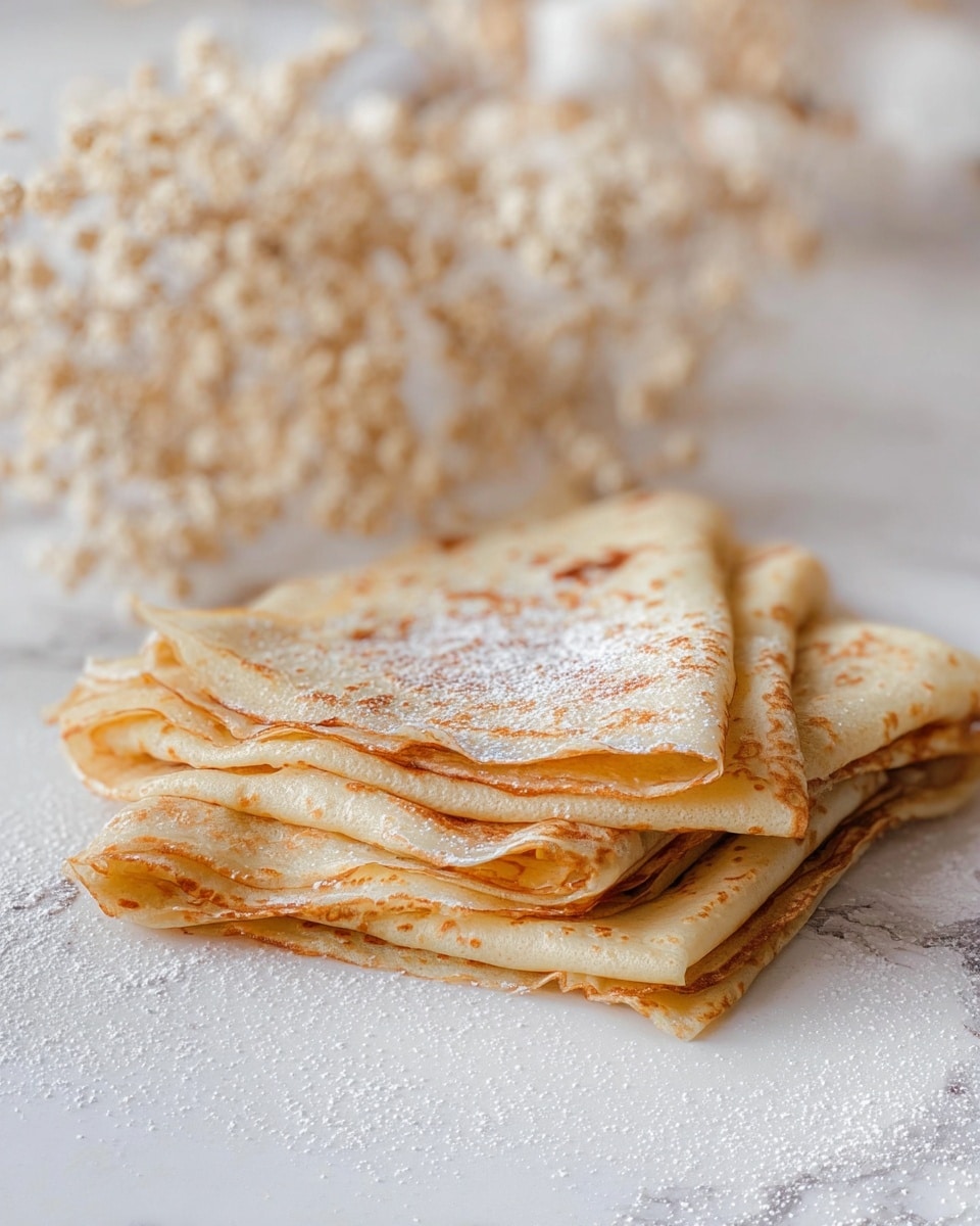A stack of five thin, folded crepes sits on a white marble surface. Each crepe is light golden brown with some darker spots, showing a soft and slightly textured surface. The crepes are neatly folded into squares and layered one on top of the other. A light dusting of powdered sugar sprinkles the top crepe, adding a delicate white contrast to the warm tones of the crepes. In the softly blurred background, there are creamy beige dried flowers that add a gentle, airy feel to the setting. photo taken with an iphone --ar 4:5 --v 7