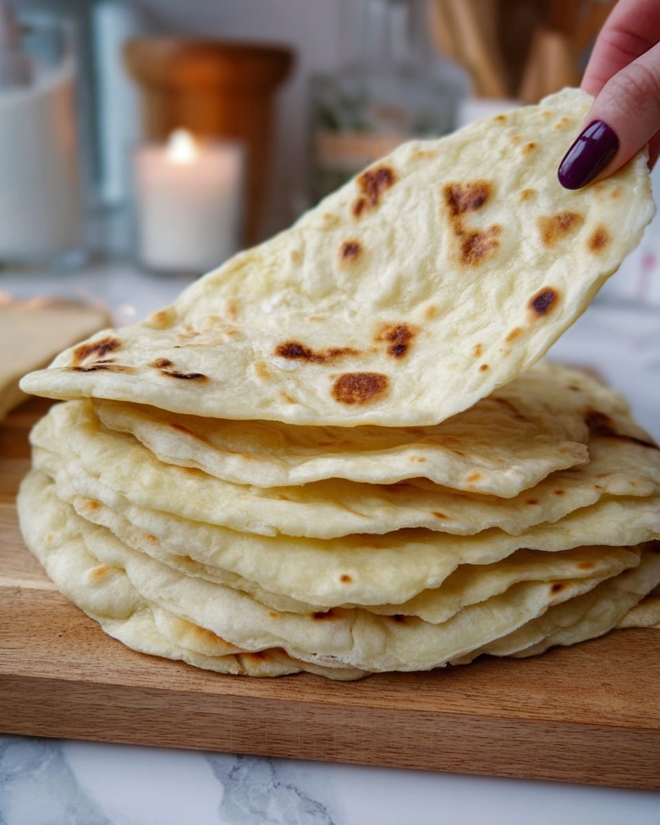 A close-up image of a stack of flatbreads with soft, uneven edges and a pale golden color, showing some light brown spots from cooking. The stack has about six flatbreads layered unevenly, each thin and slightly folded or curved. A woman's hand with dark purple nail polish is lifting the top flatbread, showing its soft, slightly puffy texture. The flatbreads rest on a light brown wooden board set on a white marbled surface, with blurred kitchen items and a white candle in the background. photo taken with an iphone --ar 4:5 --v 7