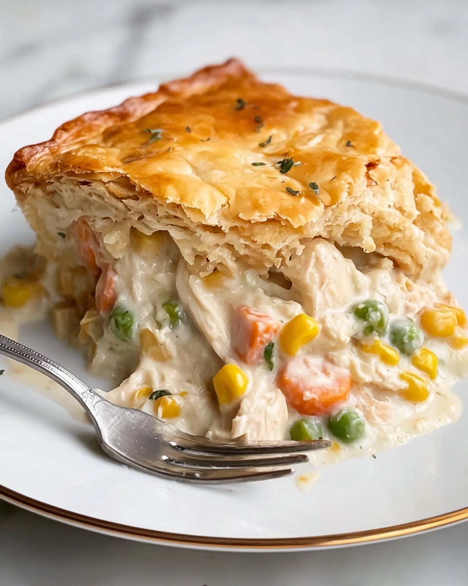 A large piece of creamy chicken pot pie sits on a white plate with a thin gold rim, showing two distinct layers: the top layer is a thick, golden brown, flaky crust with a slightly rough texture, and the bottom layer is a rich, white creamy filling filled with bright green peas, orange carrot cubes, yellow corn, and tender white chunks of chicken; the filling looks soft and moist, slightly oozing onto the plate, with a fork resting on the left side just touching the dish. The surface underneath is a white marbled texture. Photo taken with an iphone --ar 4:5 --v 7