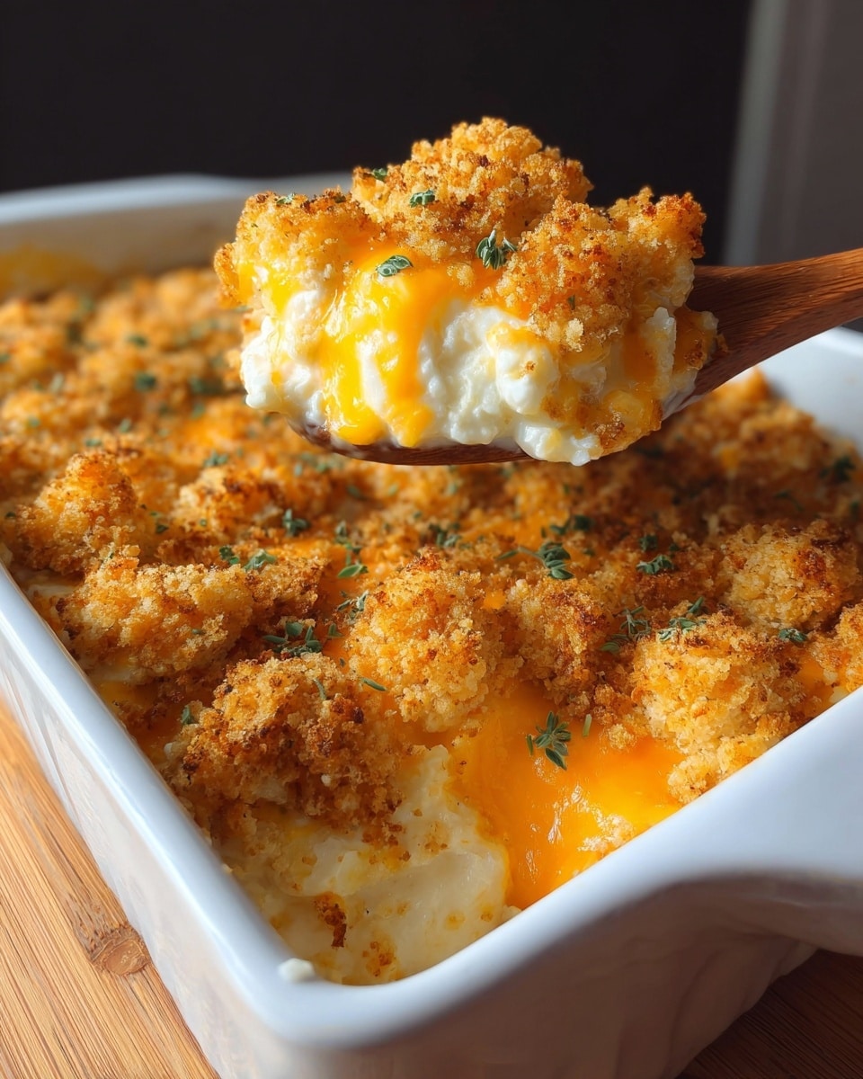 A close-up of a baked casserole in a white rectangular dish, showing three clear layers: the bottom layer is creamy and white with a soft texture, the middle layer is melted bright orange cheese spreading smoothly over the white base, and the top layer is a golden brown crumbly crust with uneven, crispy chunks sprinkled with small green herb leaves. A wooden spoon lifts a scoop, revealing the same three layers stacked together. The dish is set on a light brown wooden surface against a dark background. Photo taken with an iphone --ar 4:5 --v 7
