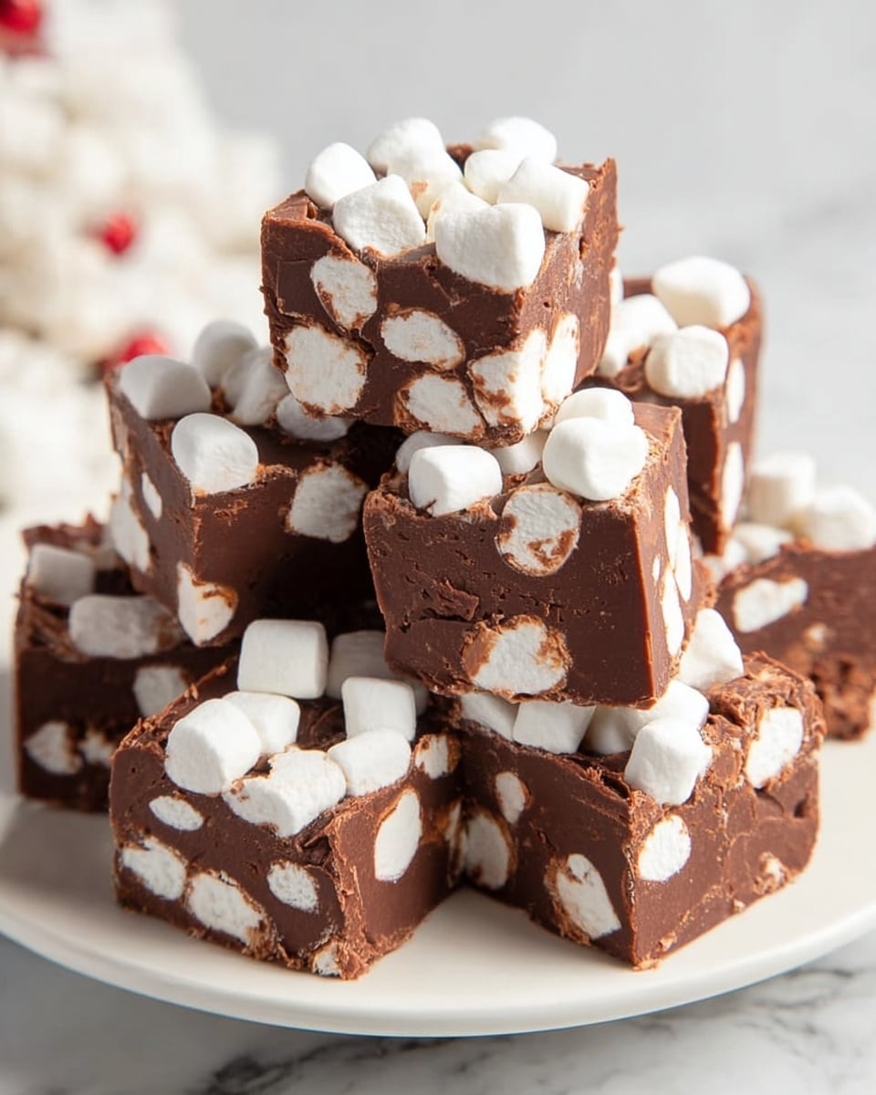 The image shows a stack of rich chocolate fudge squares filled with white mini marshmallows. Each square has two layers: the dense, smooth dark brown chocolate fudge forms the base and main body, while soft white marshmallows are scattered throughout and on top, creating a bumpy texture. The pieces are placed on a white plate, all set on a white marbled surface. The overall look is cozy and sweet, with the contrast between the dark chocolate and bright white marshmallows standing out clearly. photo taken with an iphone --ar 4:5 --v 7