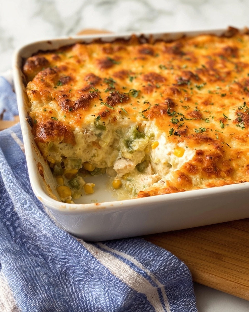 A white ceramic rectangular dish contains a baked casserole with a golden-brown cheese topping that looks bubbly and slightly crispy. The top layer has patches of browned cheese and is sprinkled with green herbs. A large portion is scooped out from the dish, revealing the inside which has a creamy texture with visible chunks of white chicken, corn kernels, and green vegetables, all mixed in a light sauce. The dish is set on a wooden table covered partially with a blue and white striped cloth. The background shows a white marbled texture. photo taken with an iphone --ar 4:5 --v 7