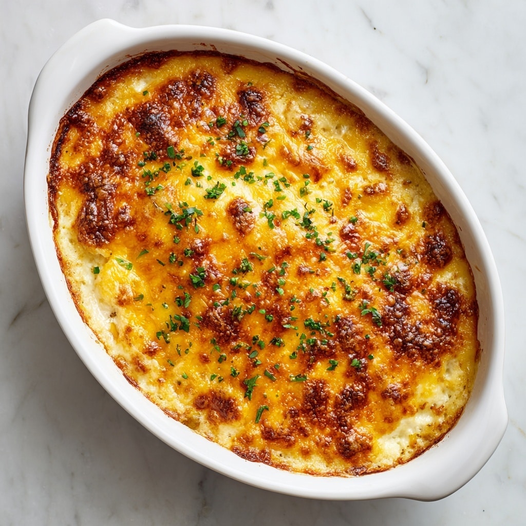A white round baking dish holds a partially eaten shepherd's pie. The top layer is golden brown melted cheese with some spots of crispy texture. Beneath this is a thick layer of creamy white mashed potatoes, smooth and fluffy. Below the mashed potatoes is a mixed filling showing browned ground meat and colorful vegetables including bright yellow corn, orange carrots, and green peas. A wooden spoon is scooping a bite, lifting some mashed potato and the mixed filling from the dish. The dish sits on a light blue cloth placed on a white marbled surface. Photo taken with an iphone --ar 4:5 --v 7